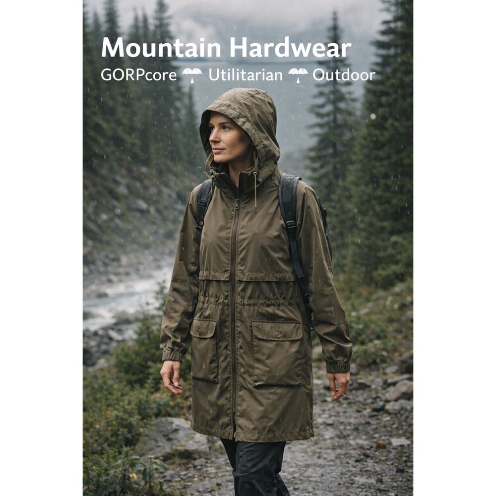 Mountain Hardwear Zenell Windbreaker Trench S Khaki Green Hooded Jacket Gorpcore